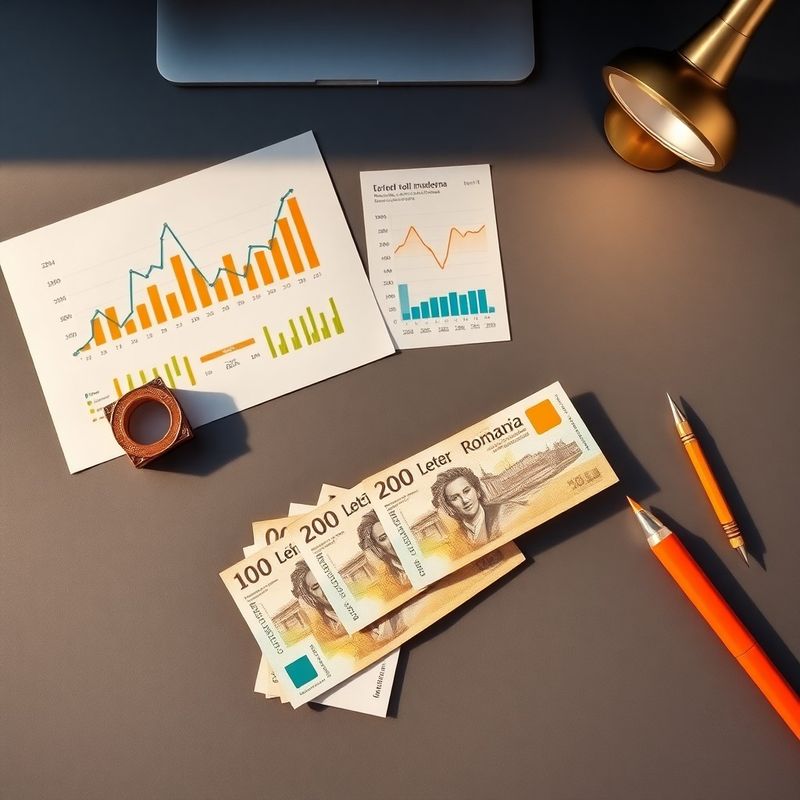Grafice financiare și bancnote lei pe un birou de culoare slate